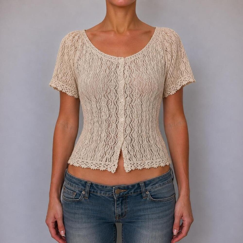 Vintage Van Heusen Cream Ramie Crochet Lace Boho Romantic Cardigan Top Size M/L